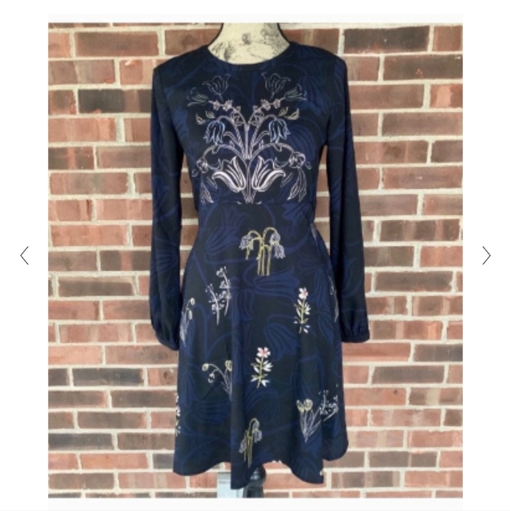 LOFT Navy Blue Floral Print Long Sleeve Dress